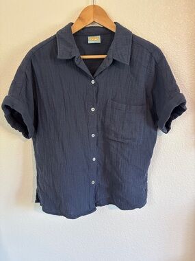 C&C California 100% Waffle Cotton Short Sleeve Button Down Shirt Sz L Navy Blue